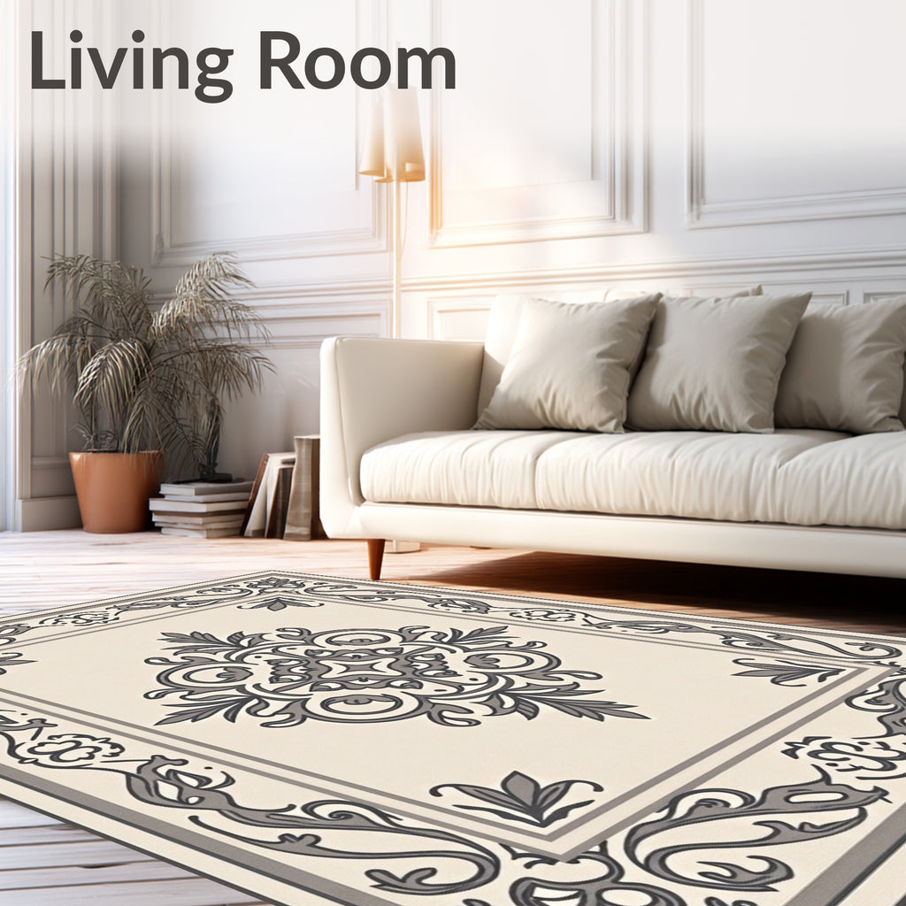 Cream Gray Ornate Floral Medallion Rug