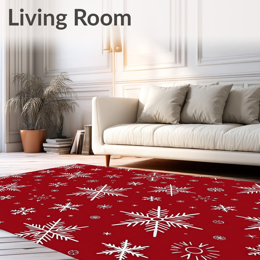White Snowflakes on Red Background Rug