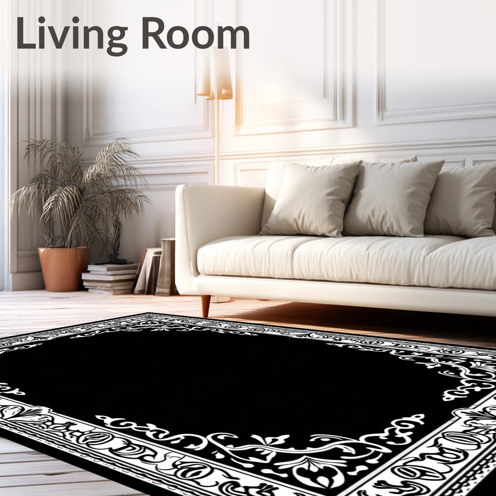 Elegant Black White Floral Border Frame Rug