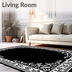 Elegant Black White Floral Border Frame Rug