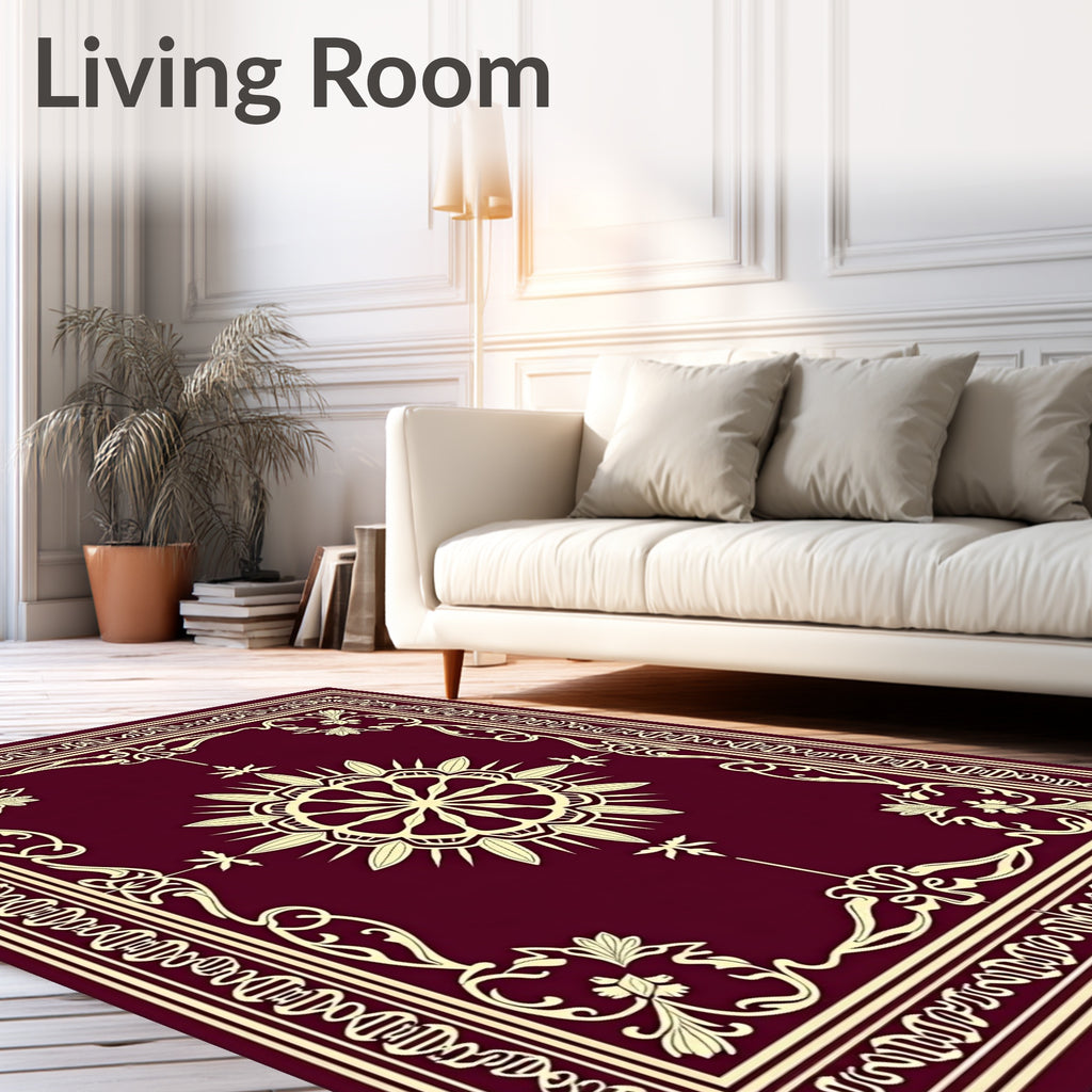 Burgundy Golden Floral Sunburst Medallion Rug