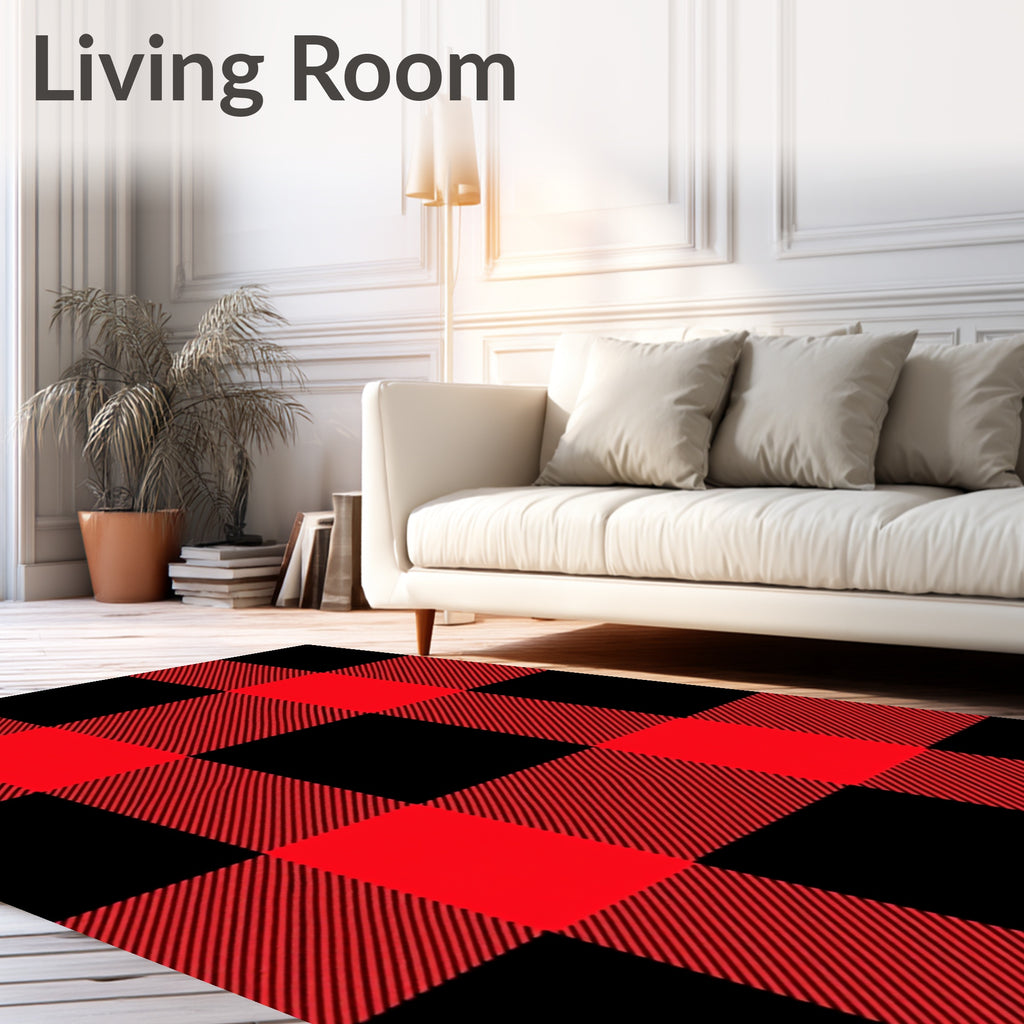 Crimson Black Plaid Squared Weave Rug