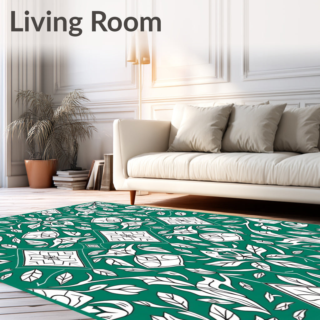 Emerald Green White Art Nouveau Foliage Rug