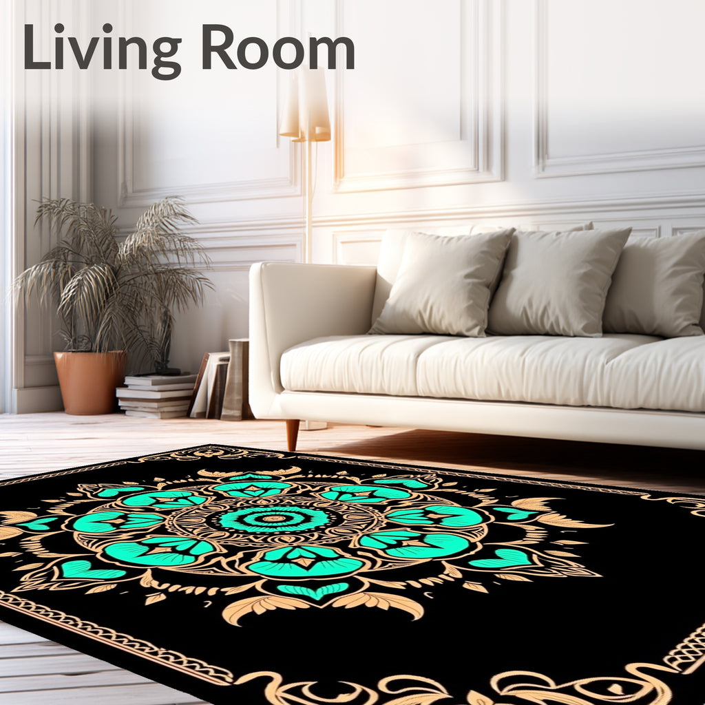 Black Aqua Floral Mandala Border Rug