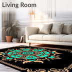Black Aqua Floral Mandala Border Rug