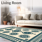 Deep Teal Arabesque Medallion Ivory Rug