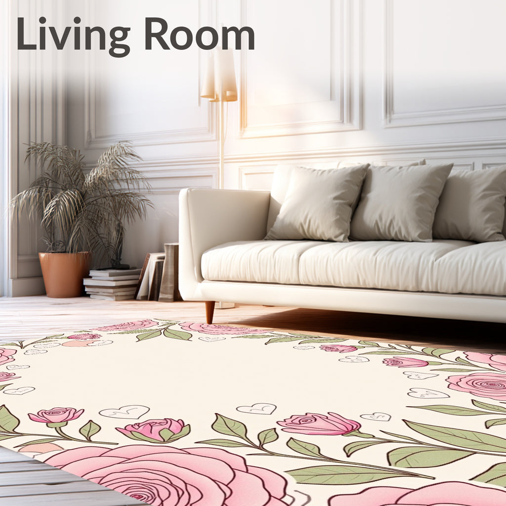 Sweet Pink Roses with Hearts Border Rug