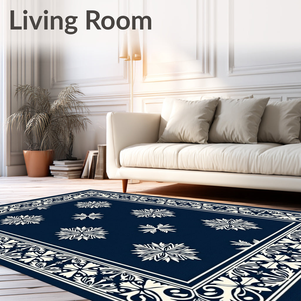 Navy Cream Floral Medallion Border Rug