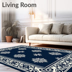 Navy Cream Floral Medallion Border Rug