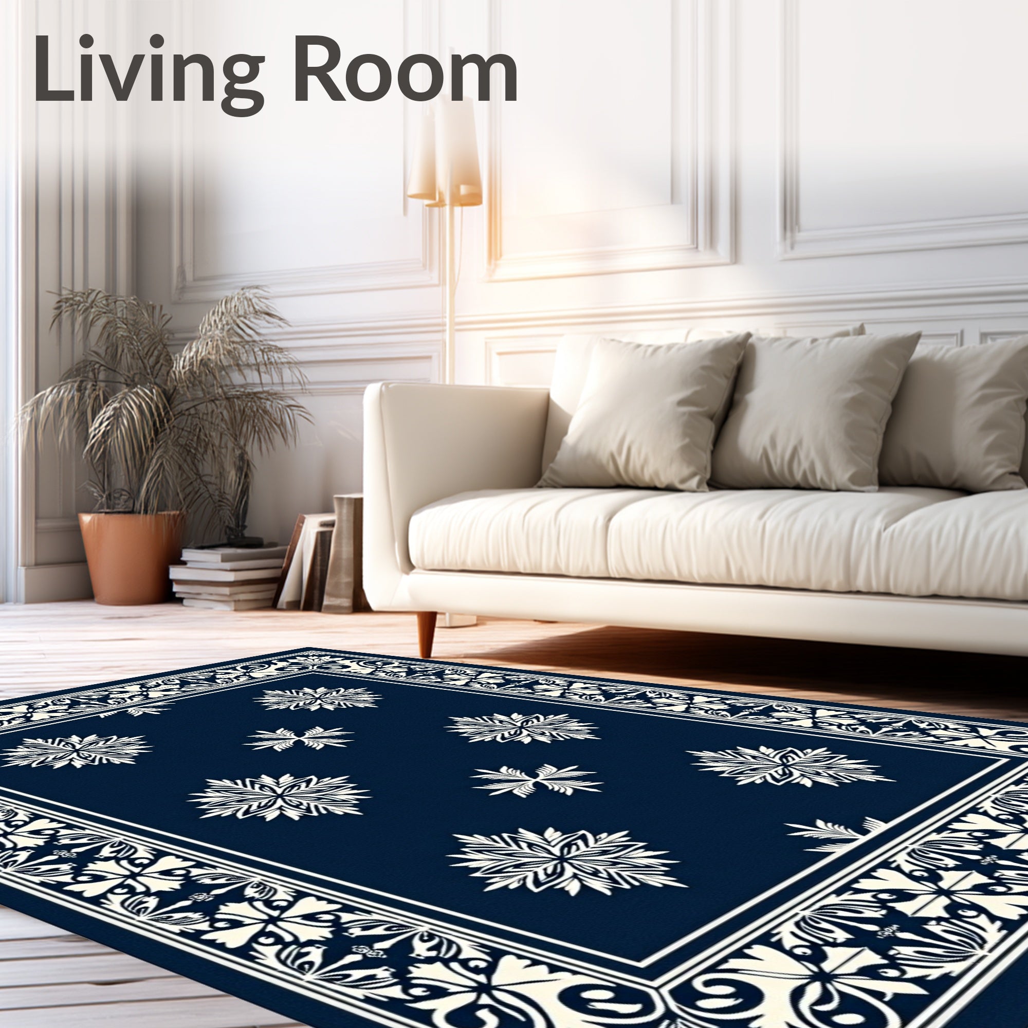 Navy Cream Floral Medallion Border Rug