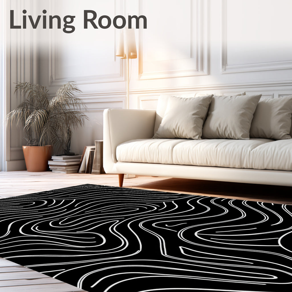 Monochromatic Black White Wavy Lines Rug