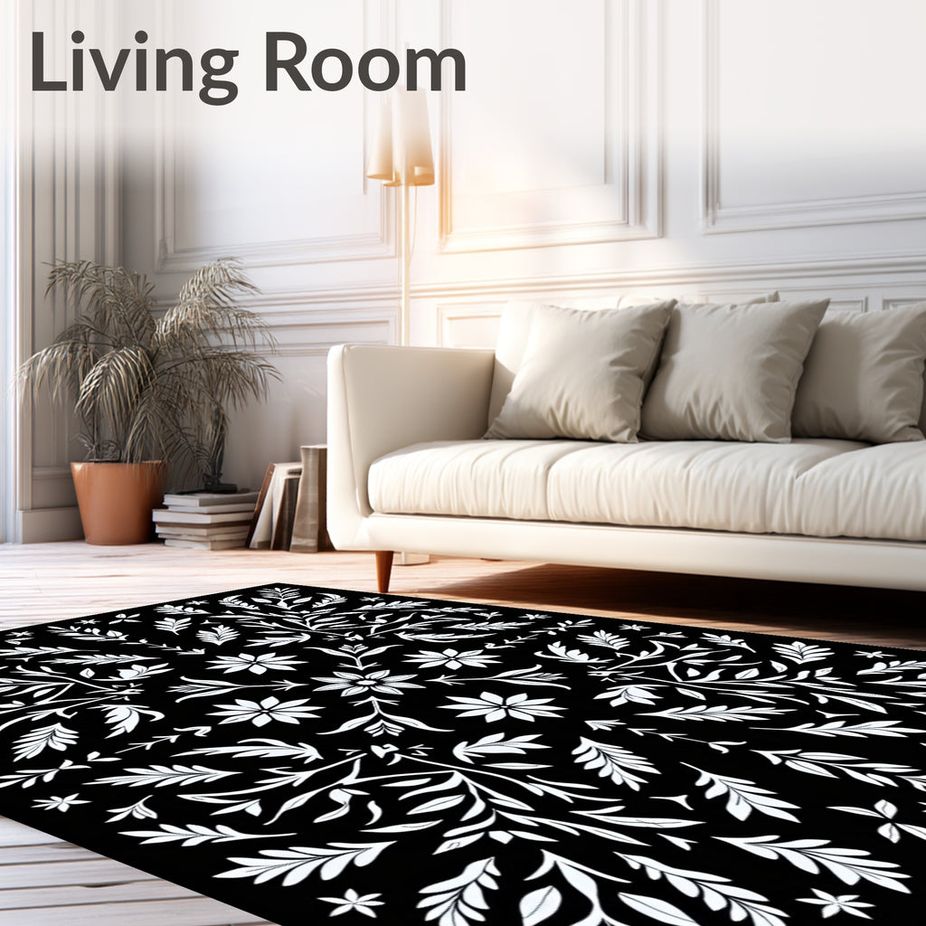 Black White Floral Botanical Arrangement Rug