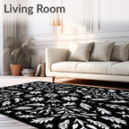 Black White Floral Botanical Arrangement Rug