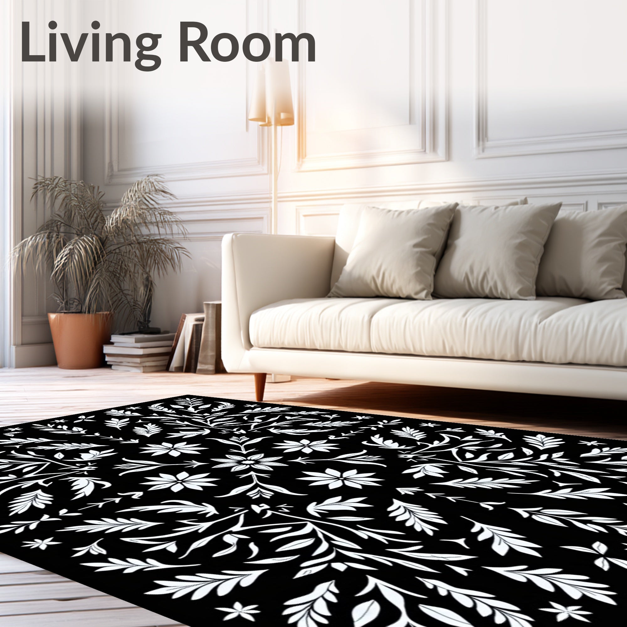 Black White Floral Botanical Arrangement Rug