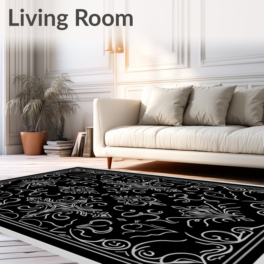 Chic Black Silver Flourishing Damask Rug