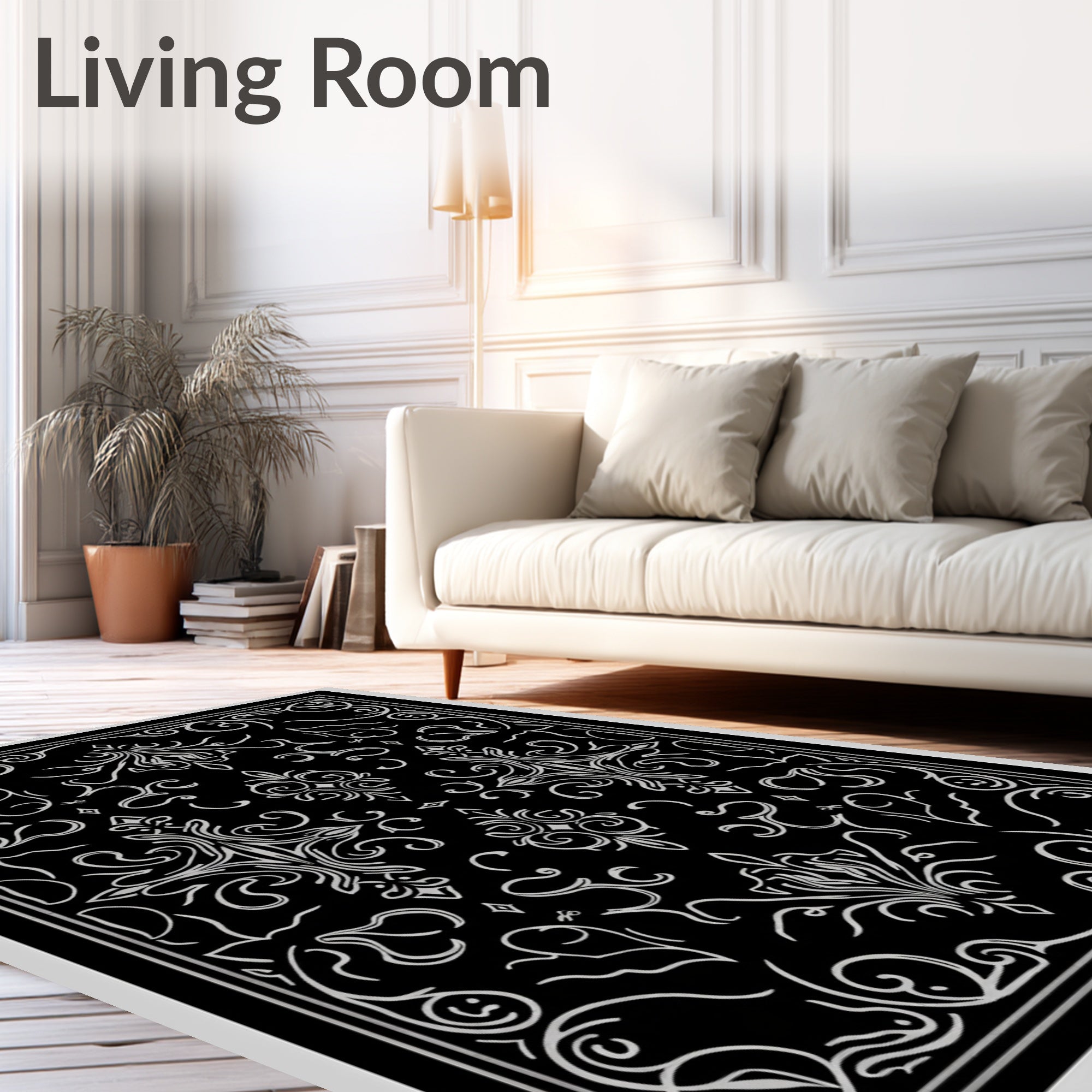 Chic Black Silver Flourishing Damask Rug