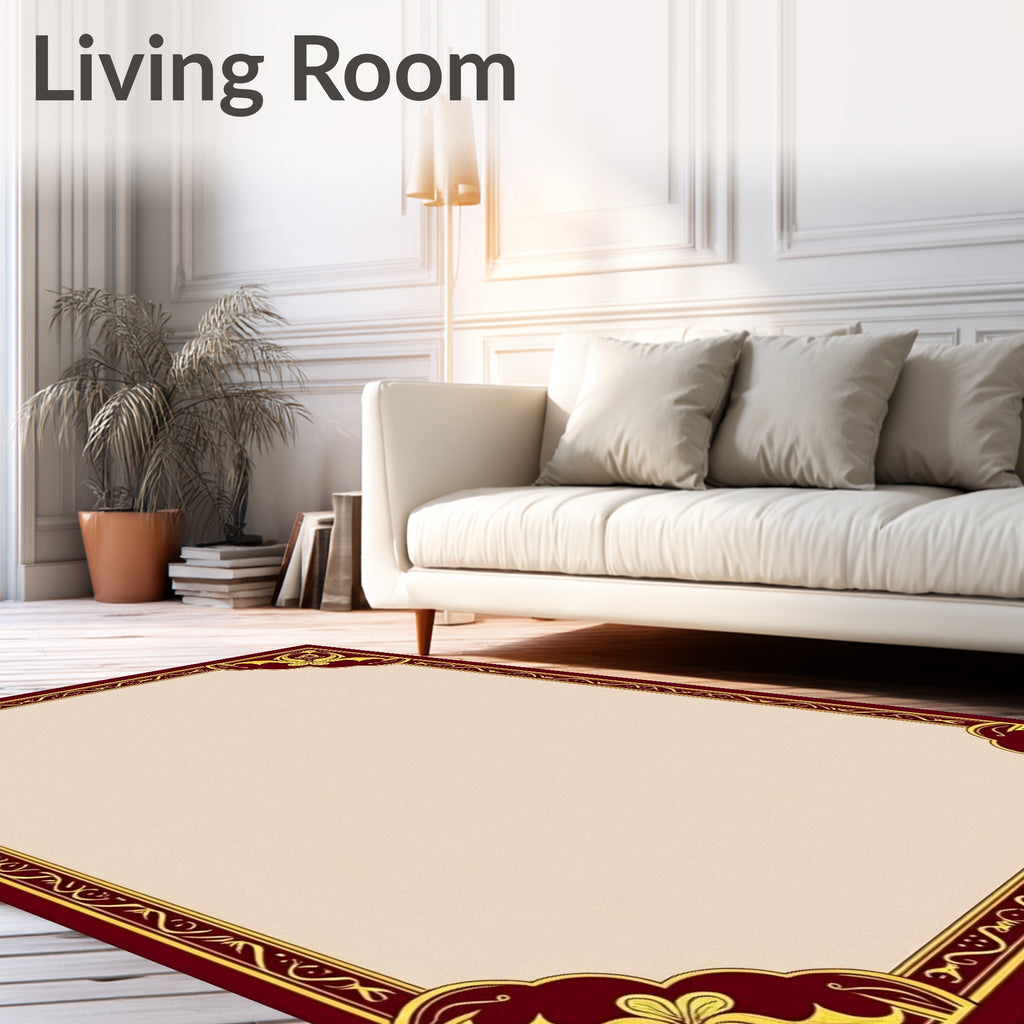 Deep Crimson Golden Floral Border Rug
