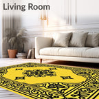 Ornate Black Floral Medallion Yellow Rug