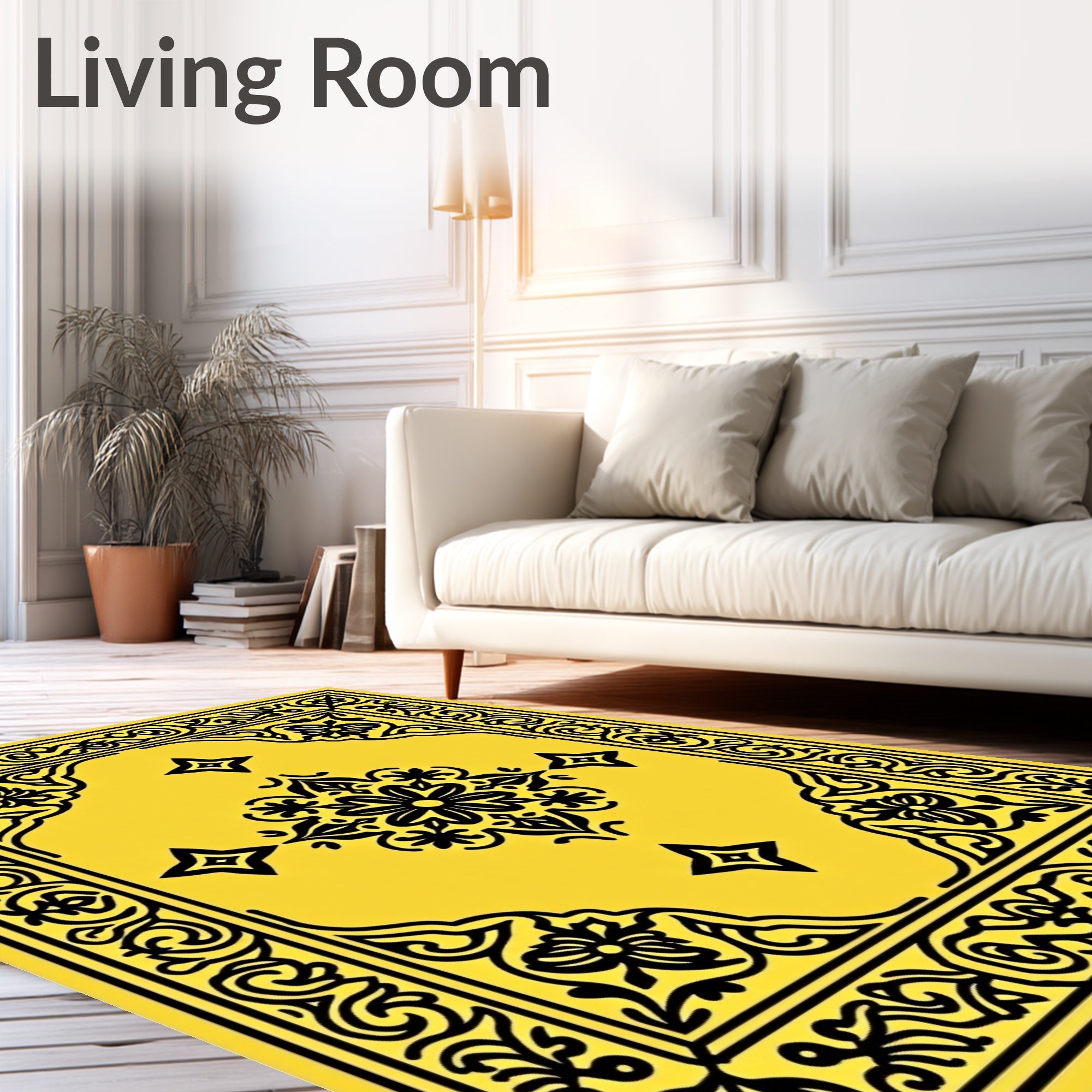 Ornate Black Floral Medallion Yellow Rug