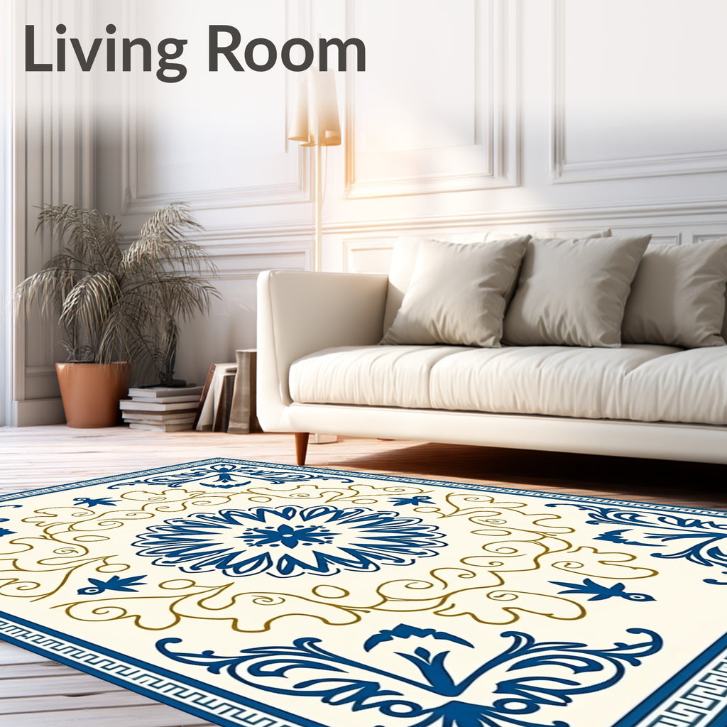 Deep Blue Ivory Floral Medallion Art Rug