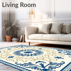 Deep Blue Ivory Floral Medallion Art Rug