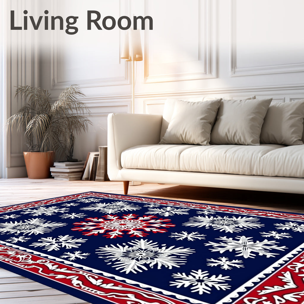 Winter Snowflake Navy Blue Red Border Rug