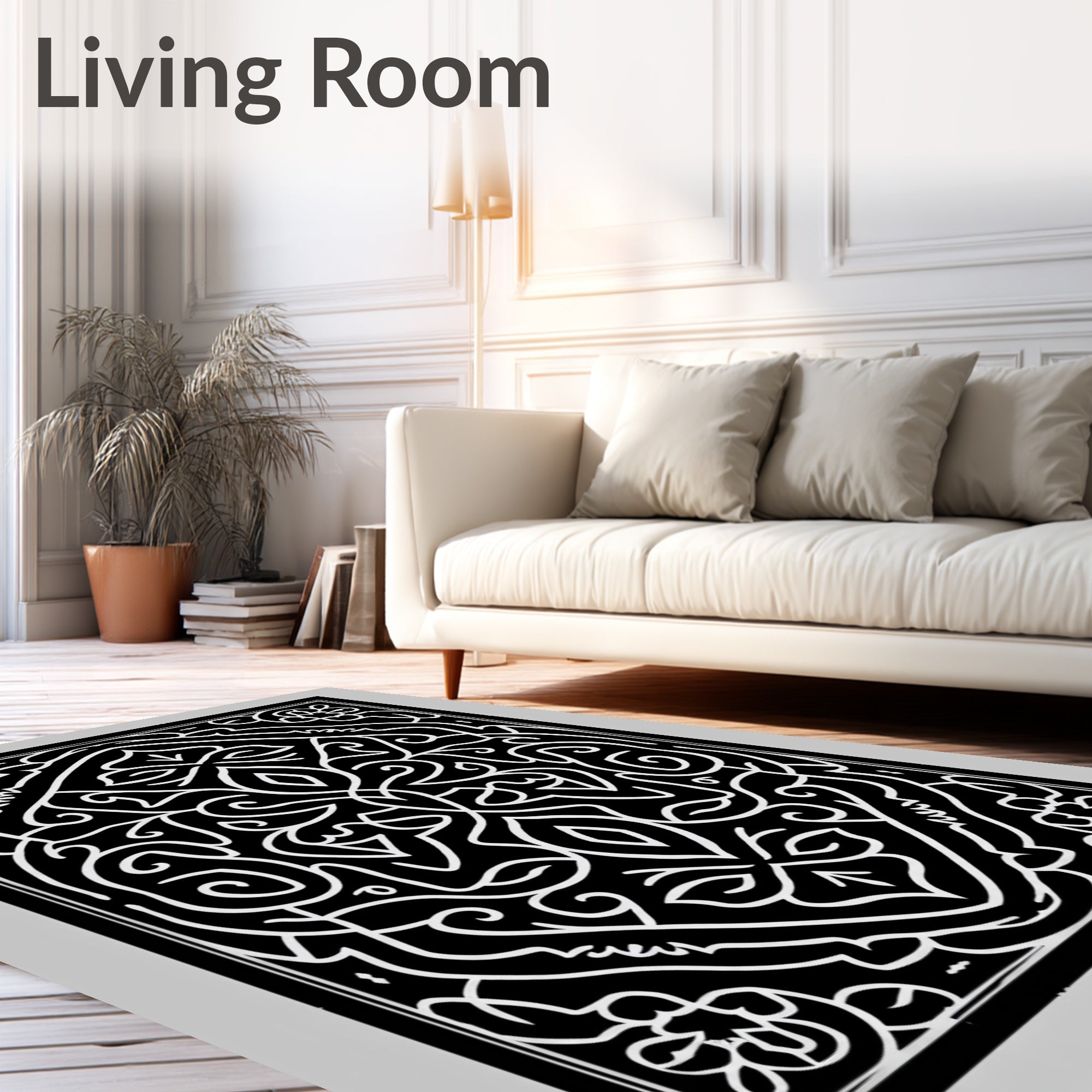 Black White Intricate Floral Scrollwork Rug