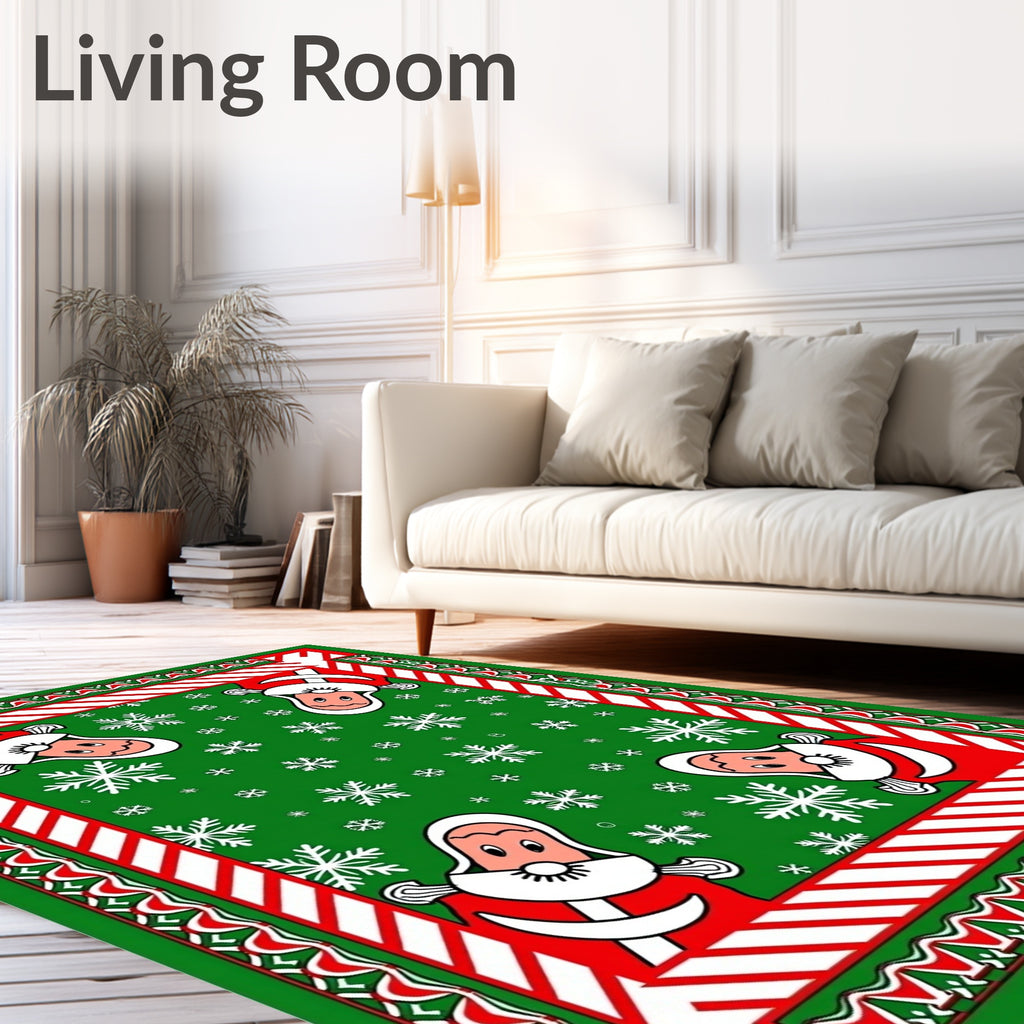 Festive Red Green Santa Snowflakes Border Rug