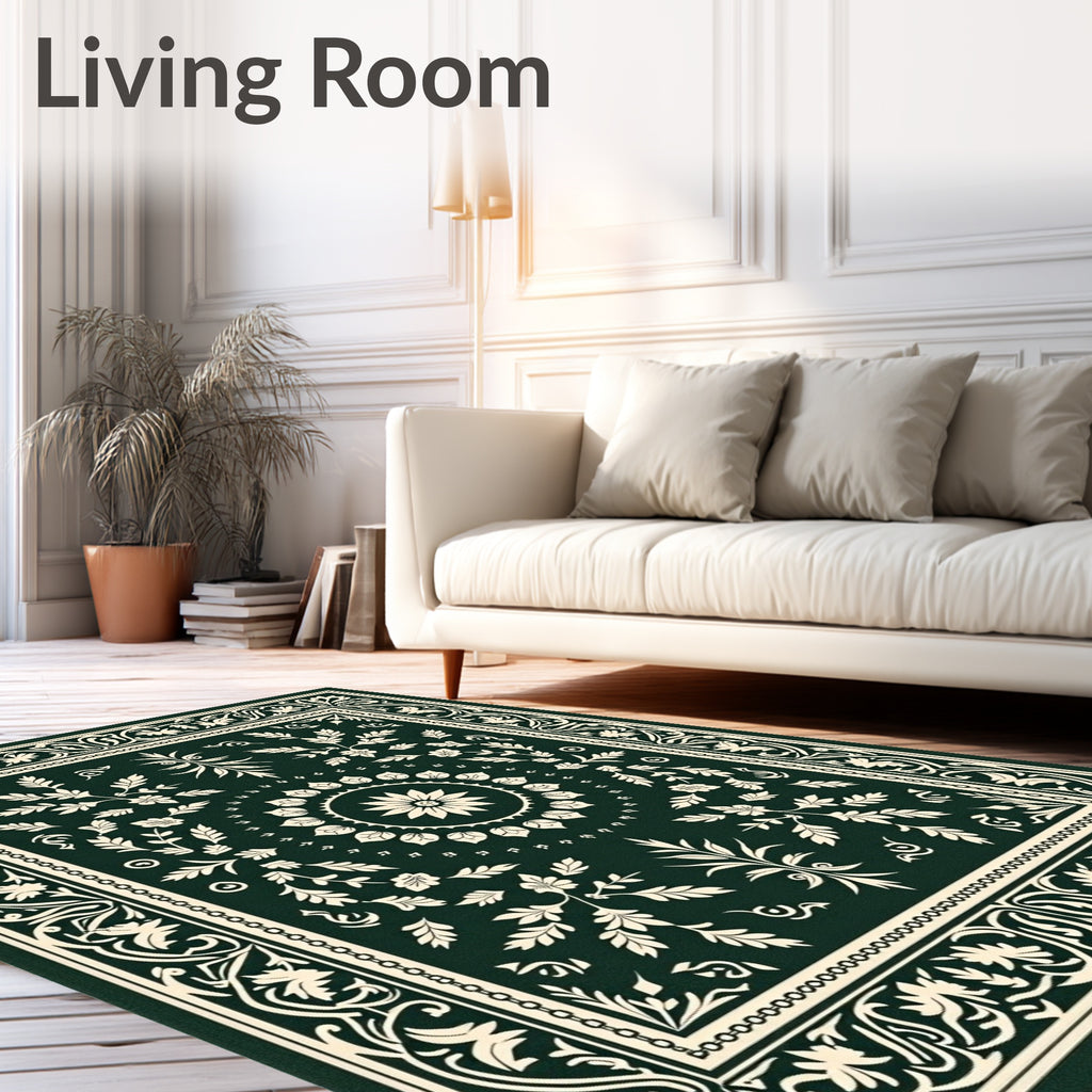 Dark Green Ivory Floral Scroll Medallion Rug
