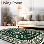 Dark Green Ivory Floral Scroll Medallion Rug