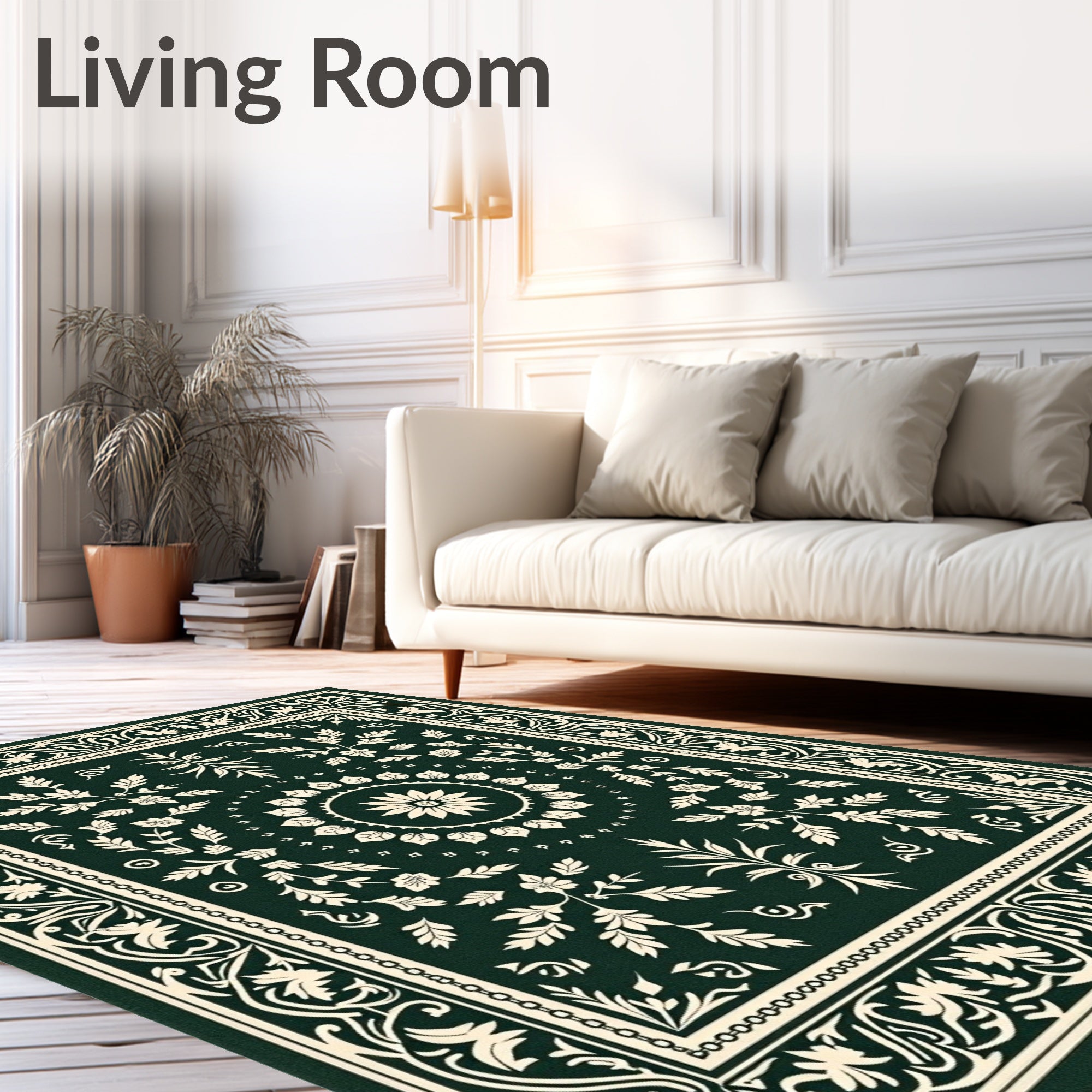 Dark Green Ivory Floral Scroll Medallion Rug