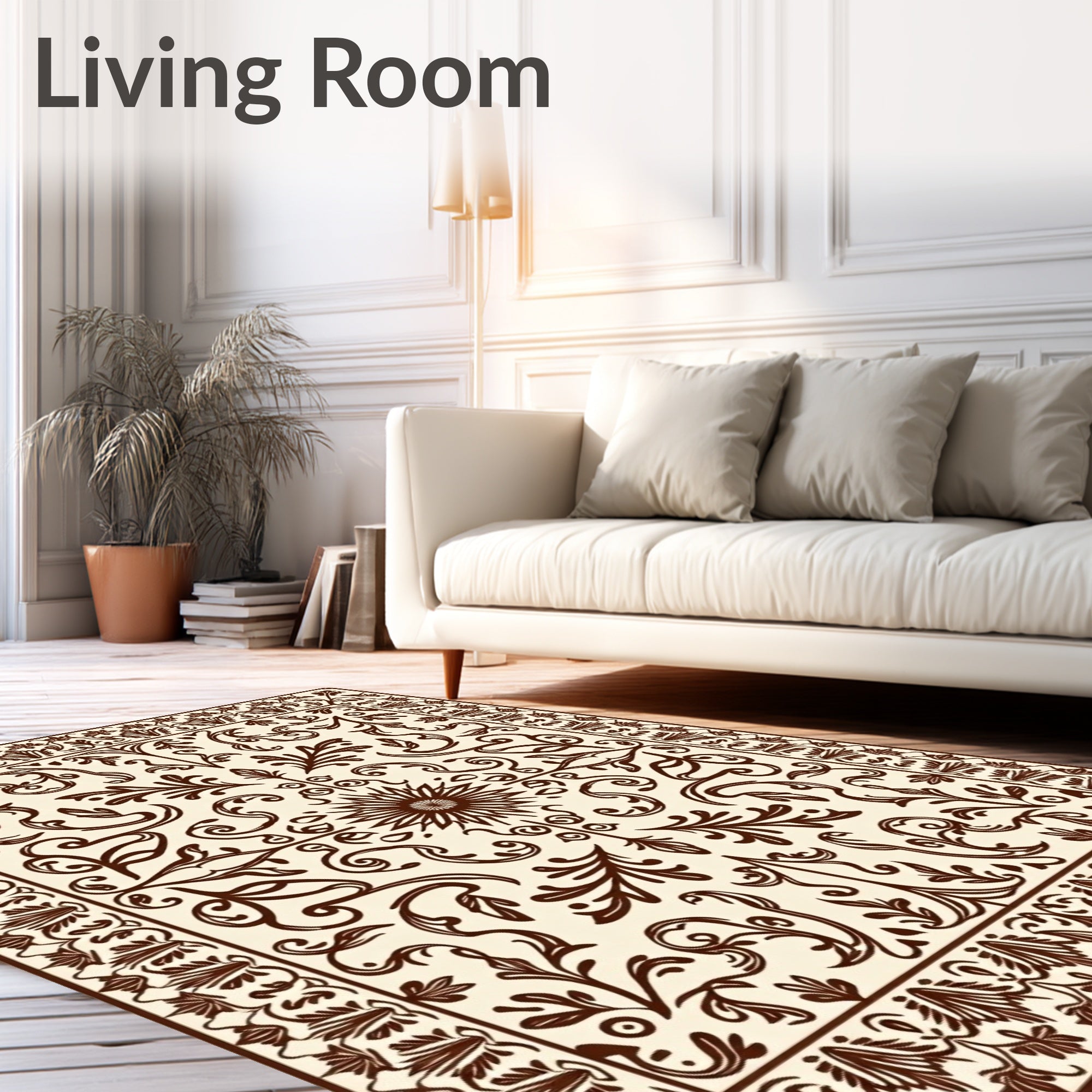 Ornate Brown Floral Scroll Medallion Rug