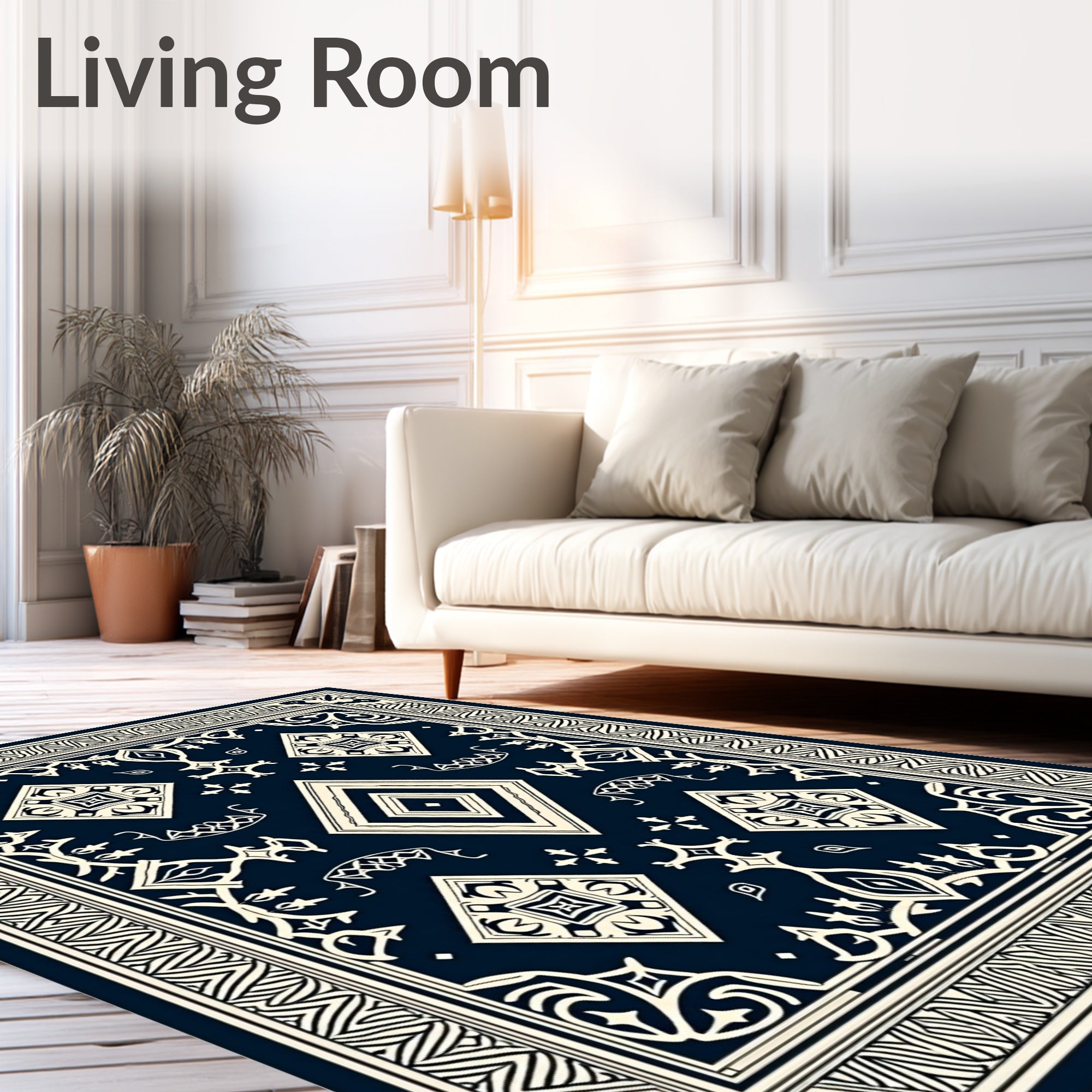 Navy Ivory Geometric Medallion Banded Rug