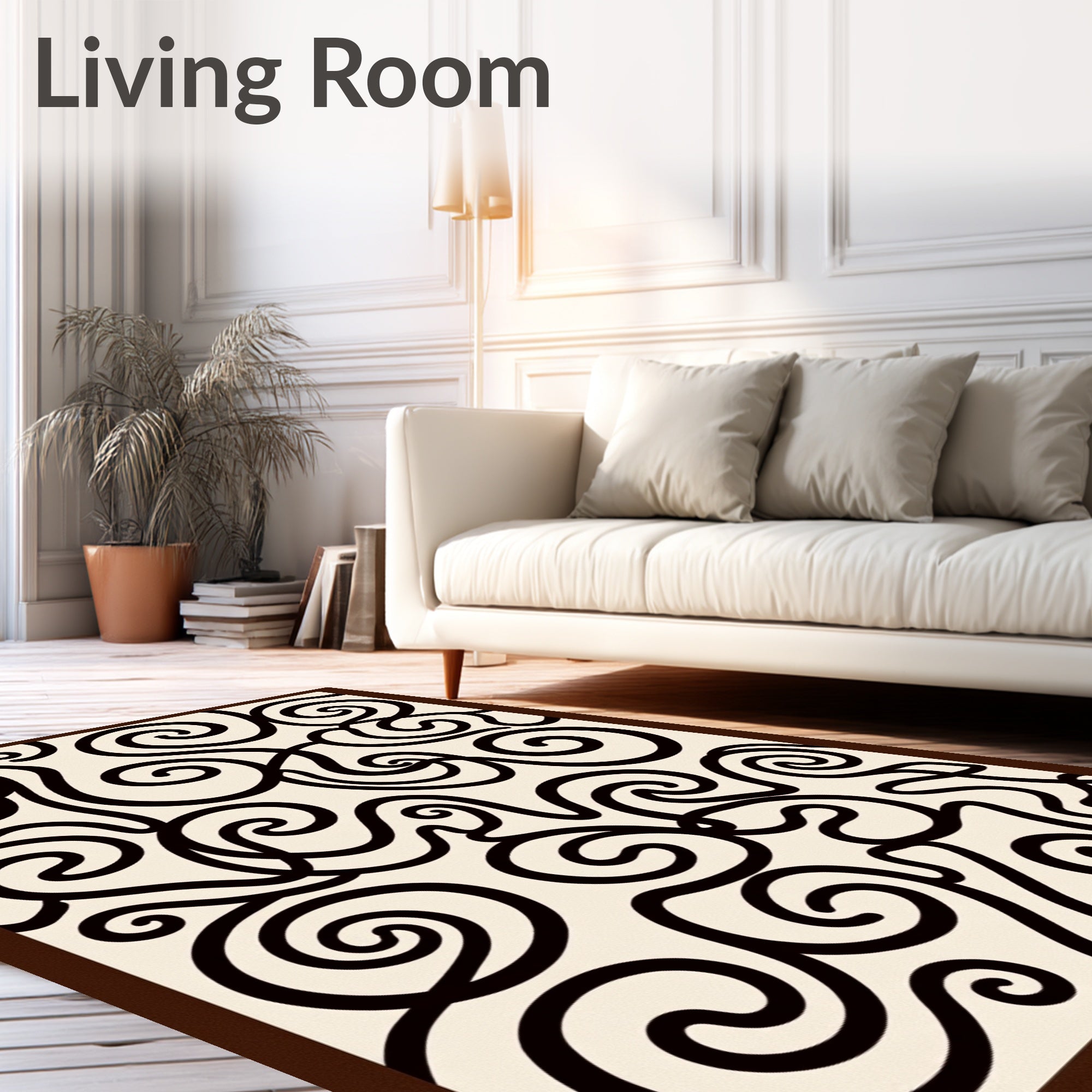 Cream Black Swirls Abstract Rug