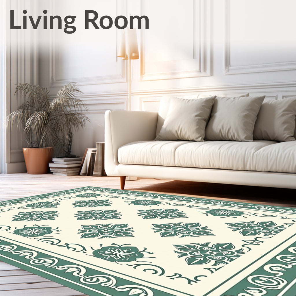 Vintage Teal Floral Medallion Border Rug