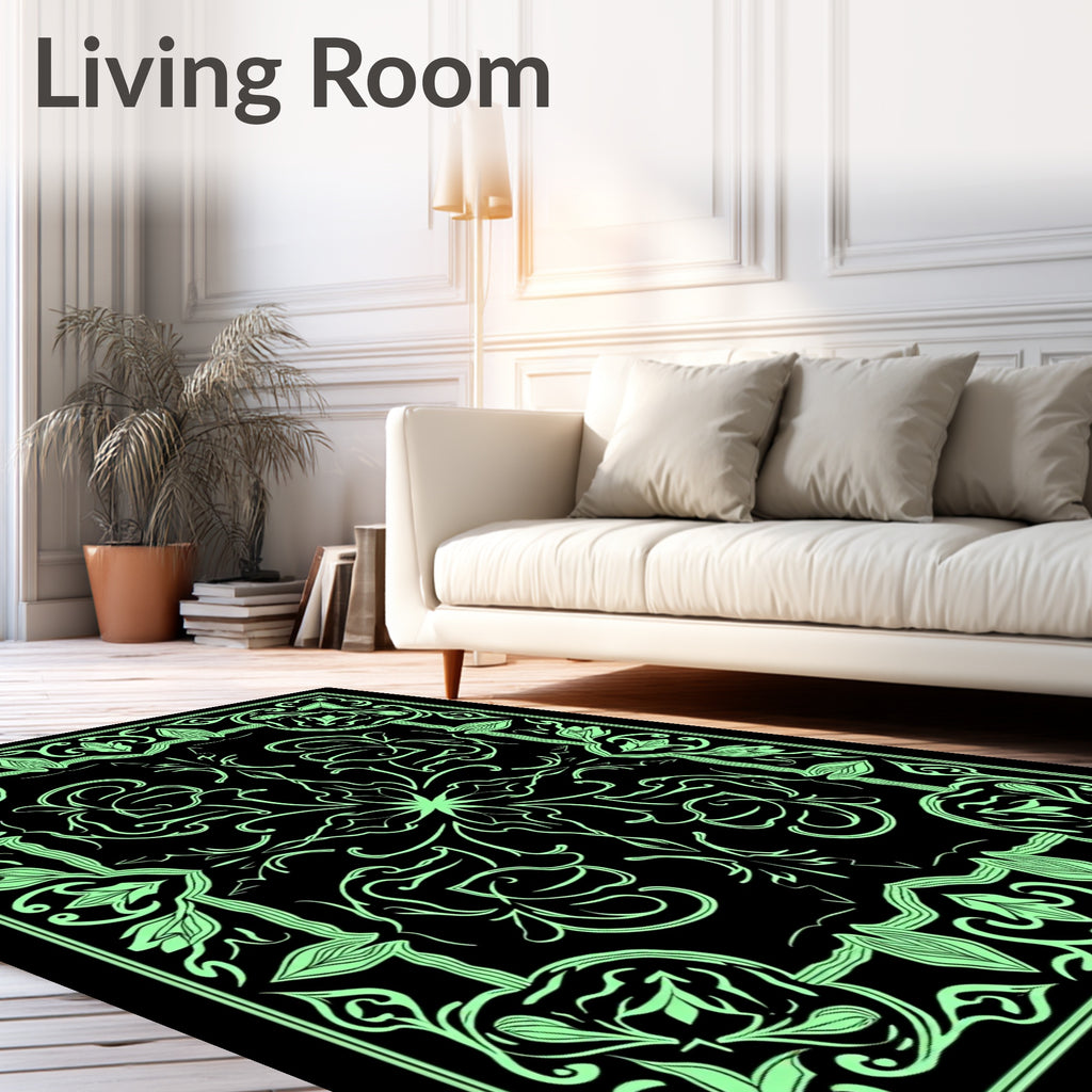 Mint Green Floral Scroll Frame Rug