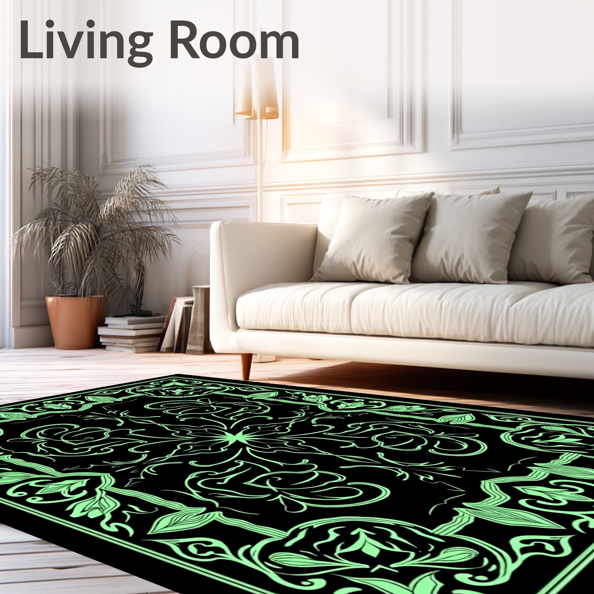 Mint Green Floral Scroll Frame Rug
