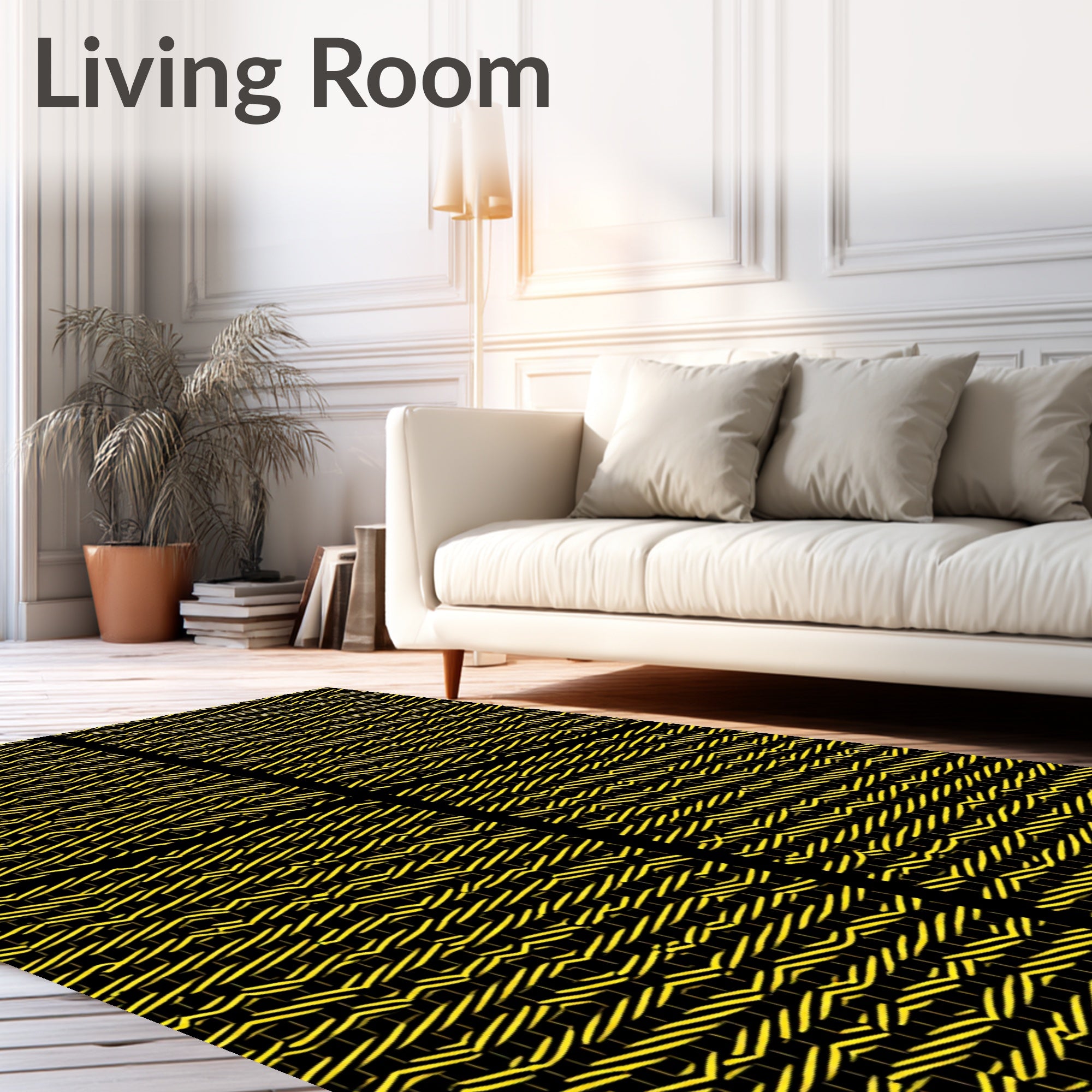 Bold Yellow Black Interlocking Geometric Rug