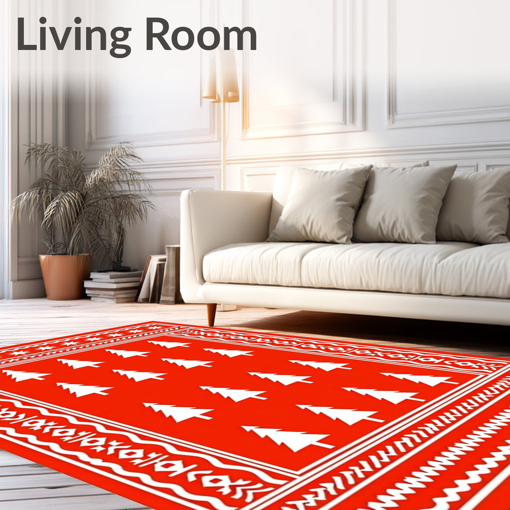 Bright Red Christmas Tree Border Rug