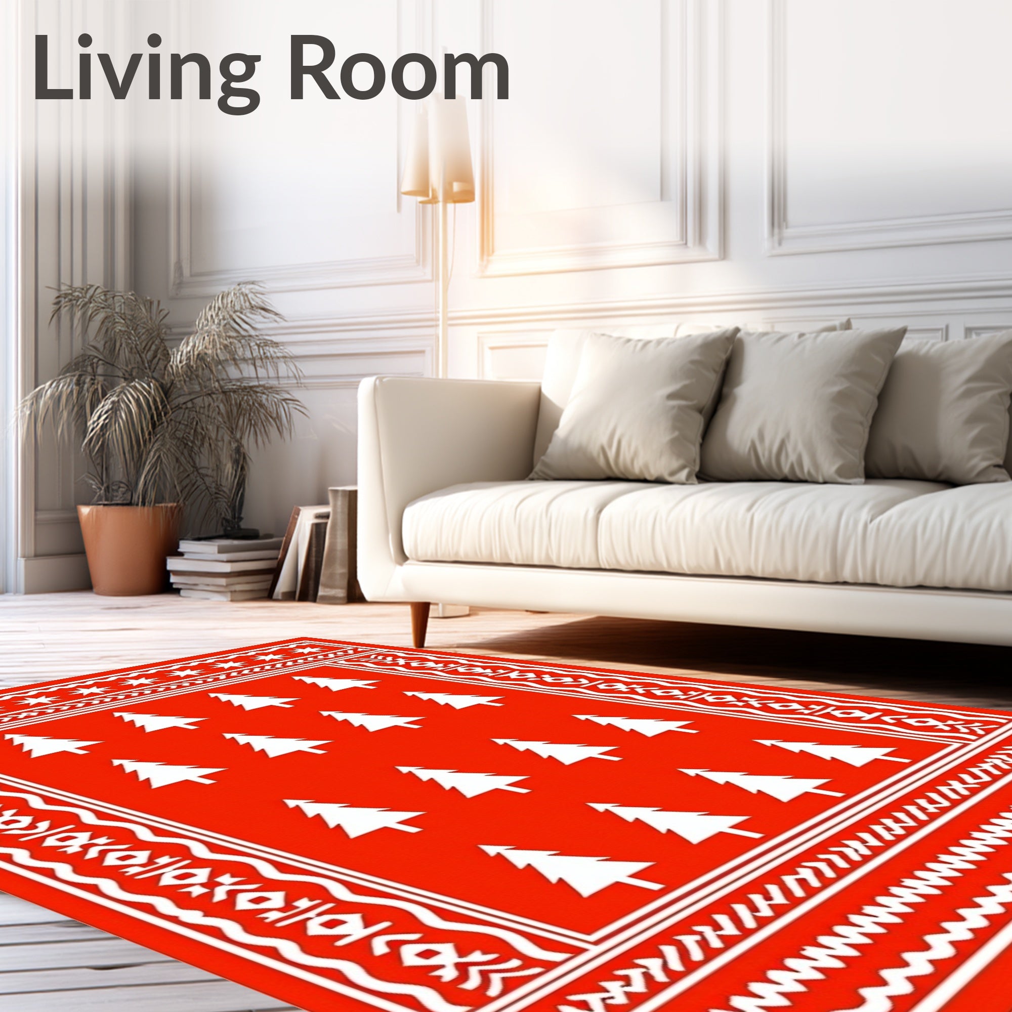 Bright Red Christmas Tree Border Rug