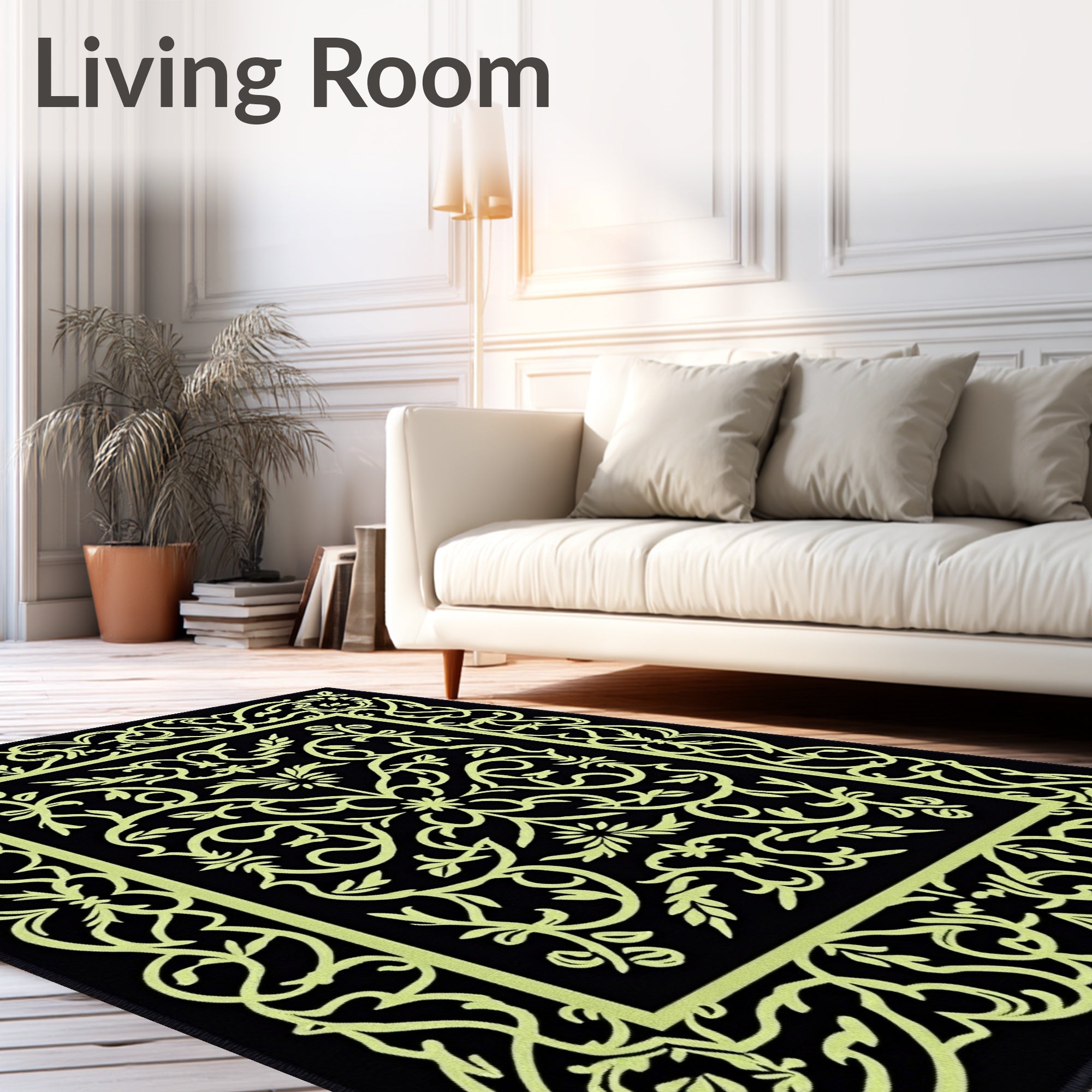 Black Light Green Ornate Floral Rug