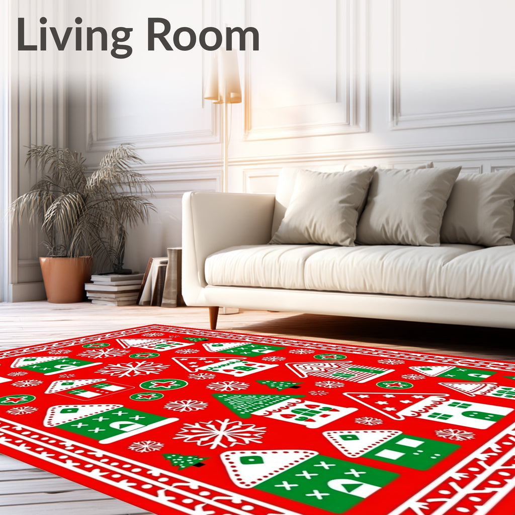 Red Green White Village Snowflakes Border Rug