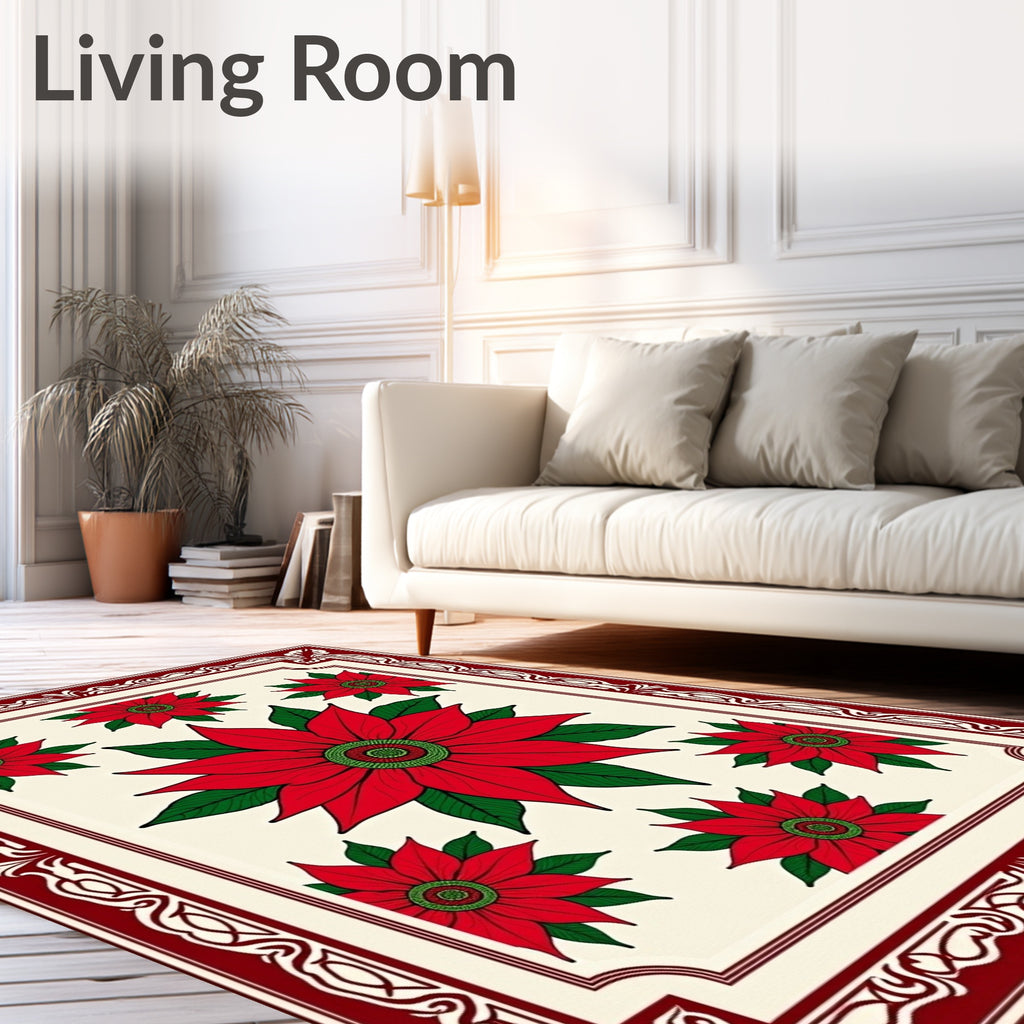 Red Poinsettia Floral Garden Border Rug