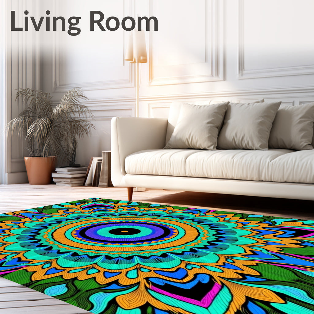 Vibrant Green Orange Mandala Art Rug