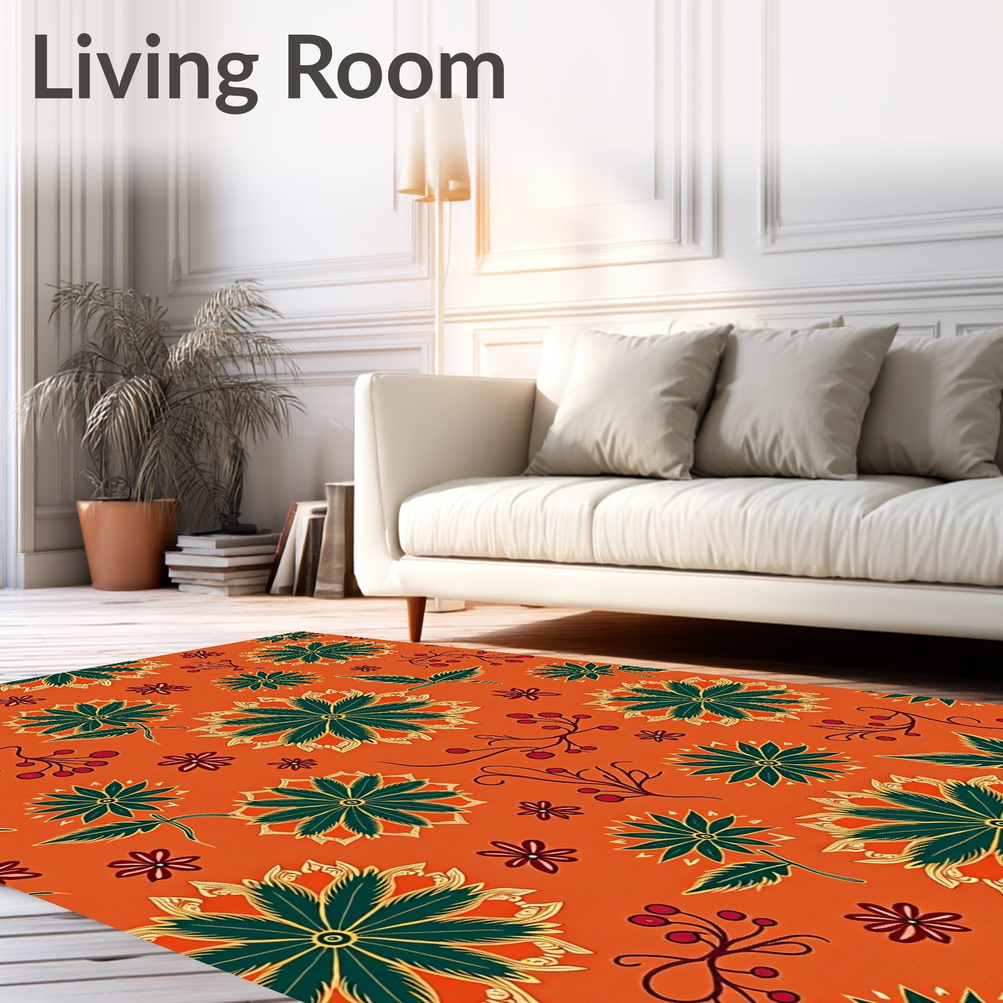 Vibrant Orange Green Floral Medallion Rug