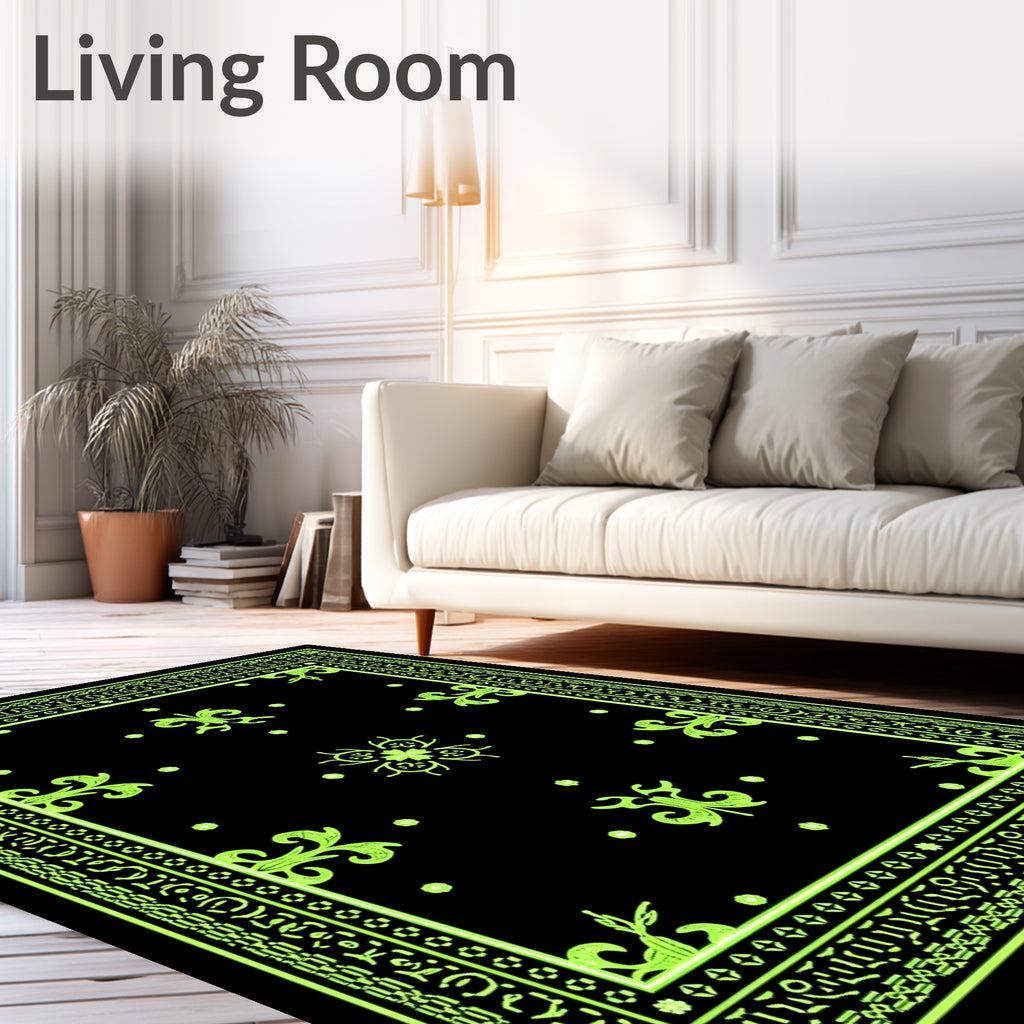 Neon Black Ornate Floral Border Rug