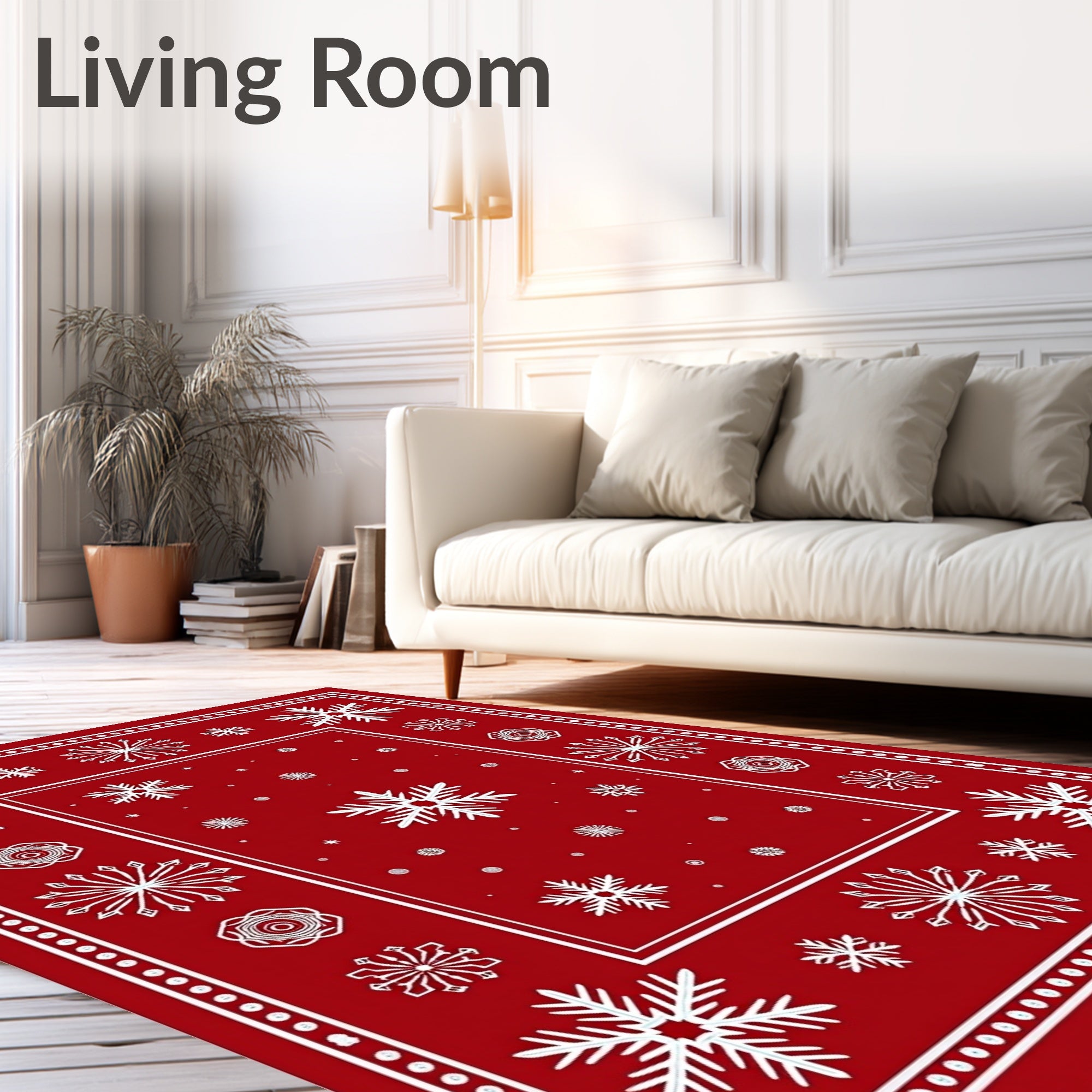 Crimson White Snowflake Border Rug