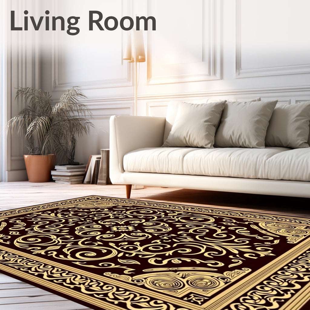 Ornate Golden Swirl Floral Border Rug