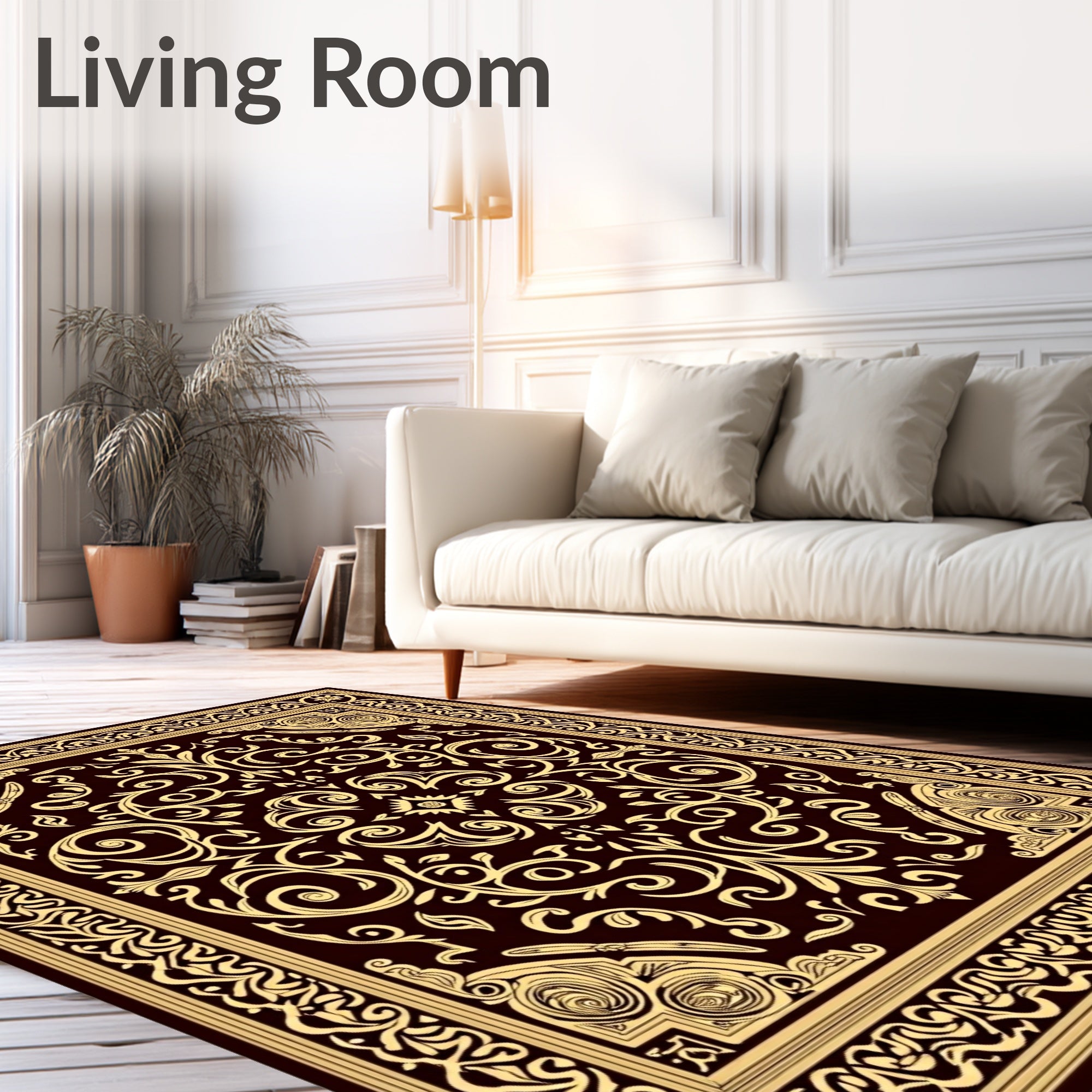 Ornate Golden Swirl Floral Border Rug