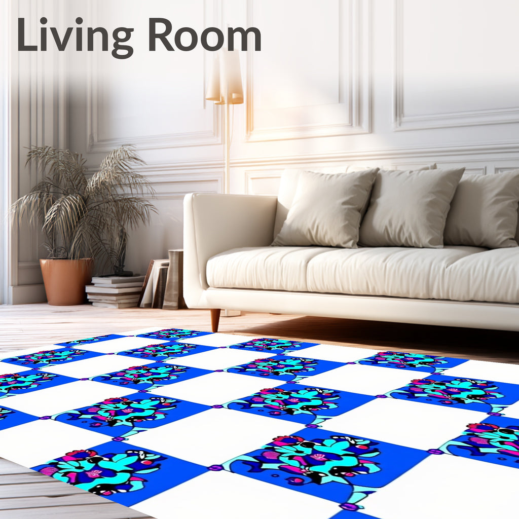 Abstract Blue Floral Checkered Rug